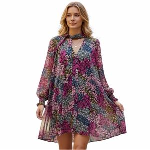 CeCe by Cynthia Steffe Aleah Floral Tie-Neck Chiffon Woman’s Mini Dress Size 10